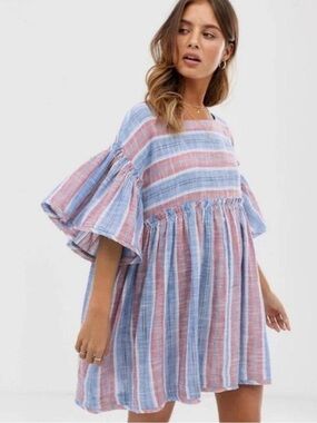 Free People Boho Striped Gauze Babydoll Dress in Blue and Coral